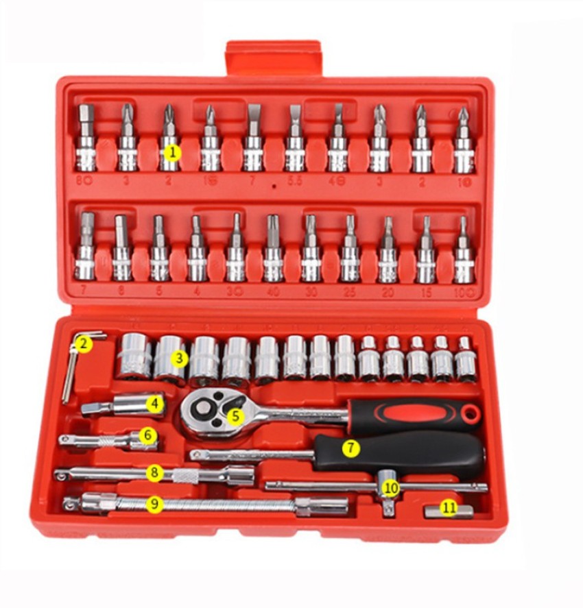 JK Sales 46pcs Socket Set ( size - 1/4-Inch ) Tool Wrench Combo Tools Kit  Car Repair Tools Set Socket Set (Pack of 46) Hand Tool Kit Vehicle Tool Kit  Price in